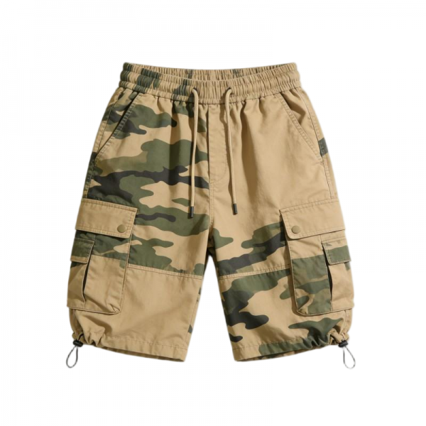 Camo & Khaki Patchwork Cargo Shorts with Adjustable Cuffs