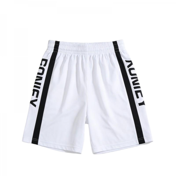 White Athletic Shorts with Black Side Stripes & "COMFY" Lettering