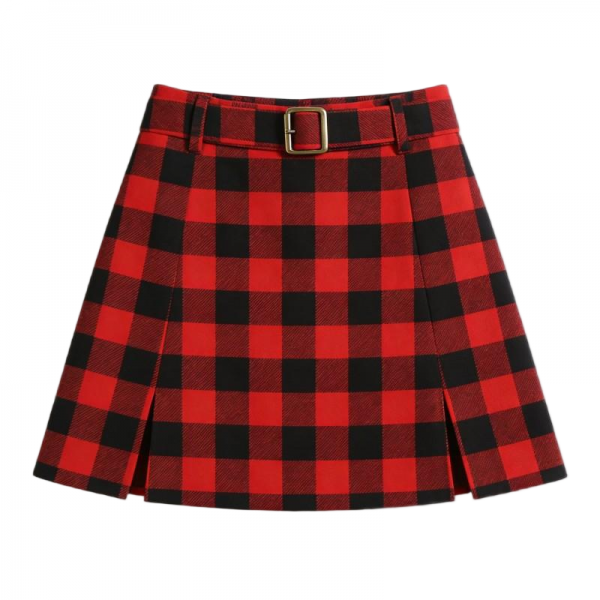 Red & Black Plaid Mini Skirt with Buckle Belt