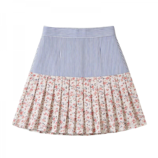 Blue & White Striped + Floral Print Pleated Mini Skirt