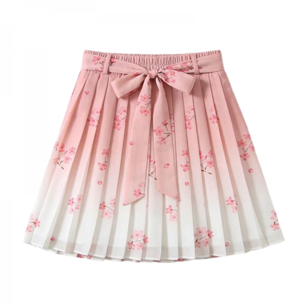 Pink Cherry Blossom Ombre Pleated Mini Skirt with Bow