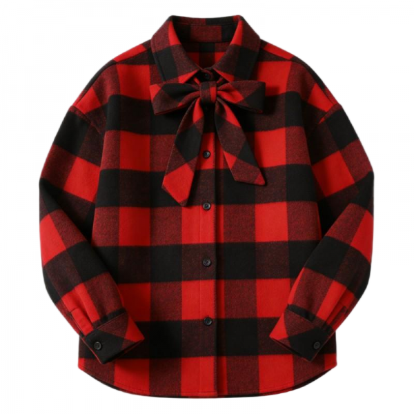 Red & Black Plaid Shirt with Bow Tie Collar