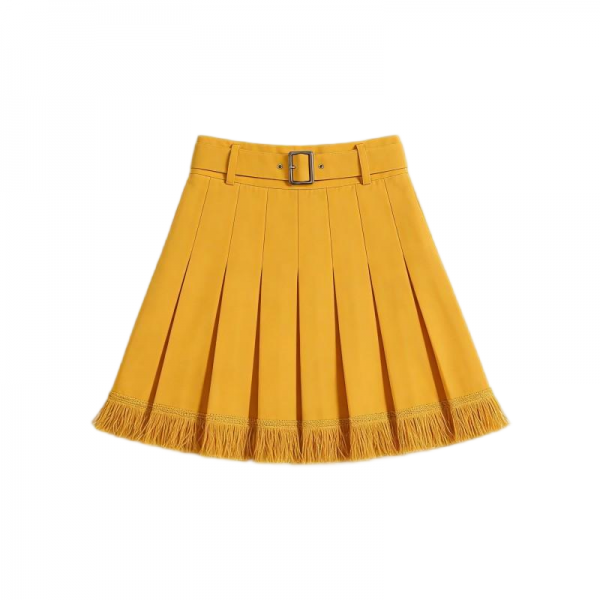 Mustard Yellow Pleated Mini Skirt with Fringe Hem