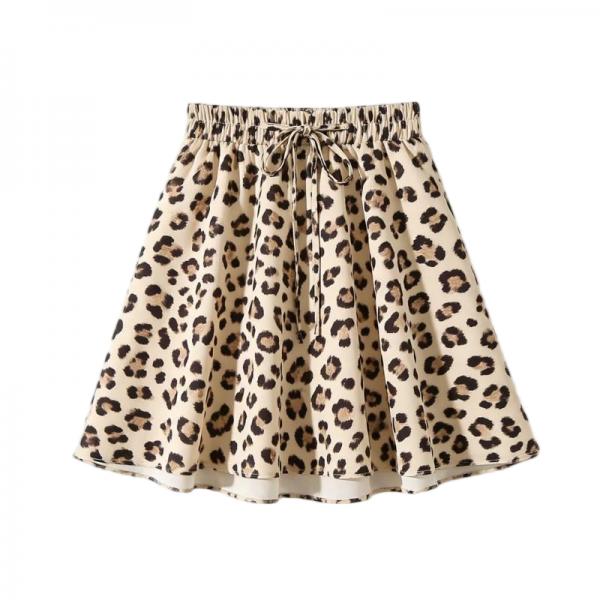 Beige Leopard Print Elastic-Waist Mini Skirt