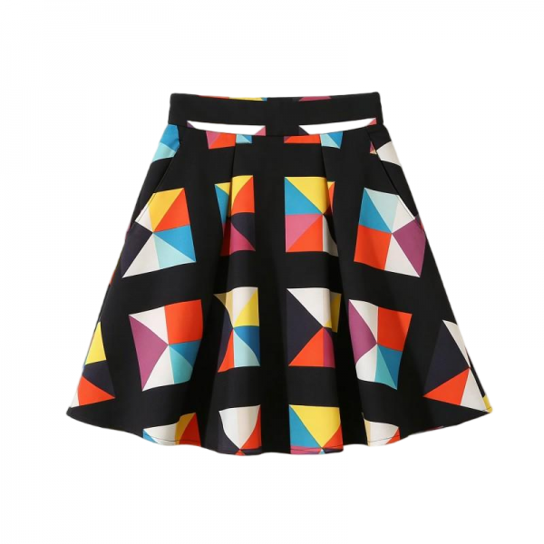 Black Mini Skirt with Colorful Geometric Print