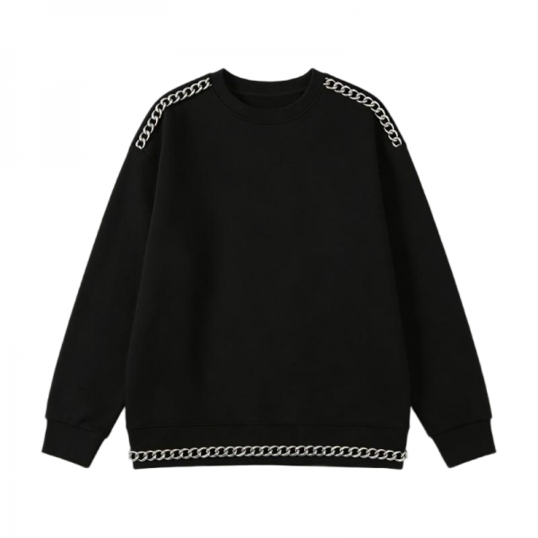 Black Crewneck Sweatshirt with Silver Chain Accents